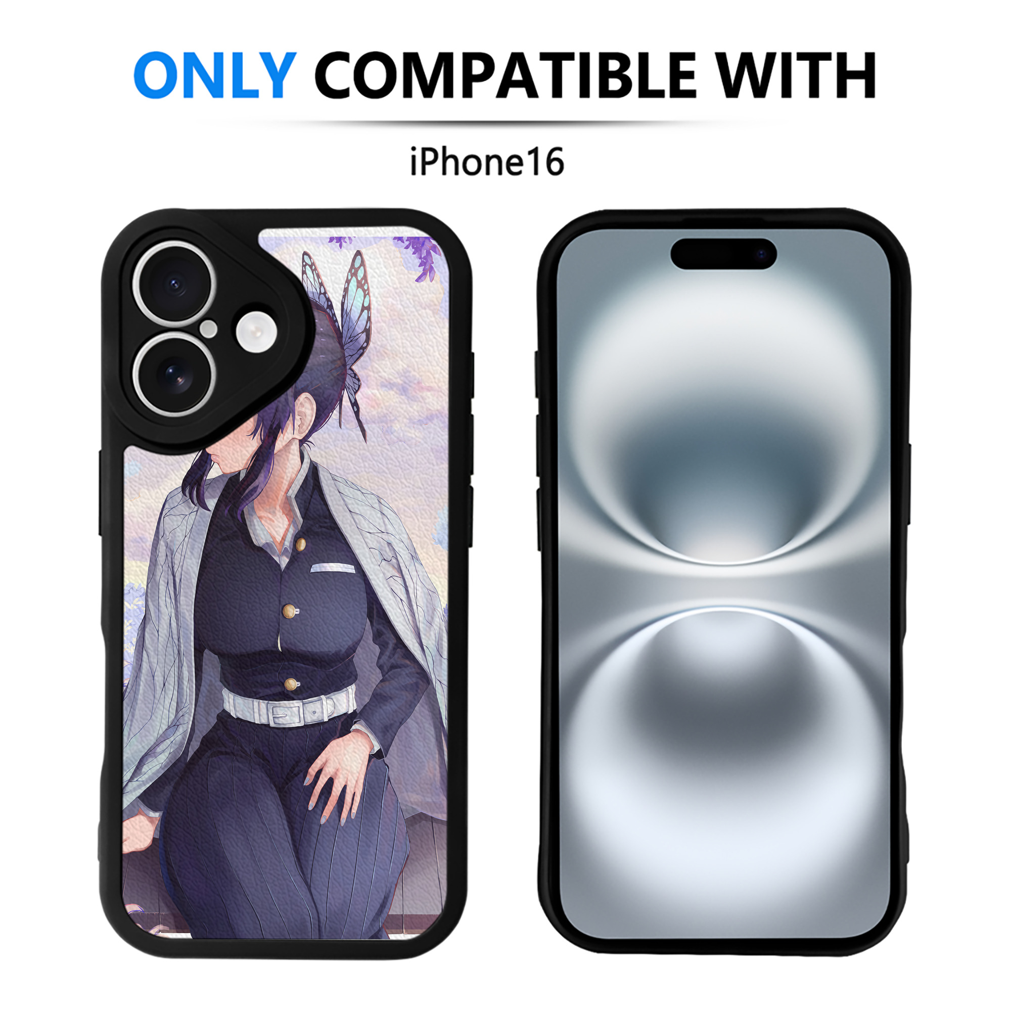 （画像用） 鬼滅の刃（きめつのやいば）蟲柱-胡蝶 しのぶ／こちょう しのぶ Kochou Shinobu 【iPhone 16シリーズ対応】シリコンスマホケース（レザー調） 材質：シリコン